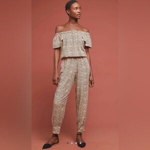Anthropologie Tan Off-Shoulder Jumpsuit